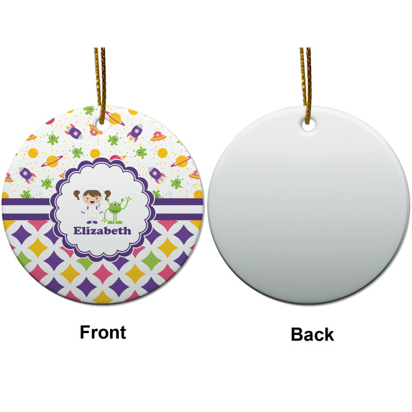 Girl's Space & Geometric Print Ceramic Flat Ornament - Circle Front & Back (APPROVAL)