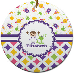 Girl's Space & Geometric Print Round Ceramic Ornament w/ Name or Text
