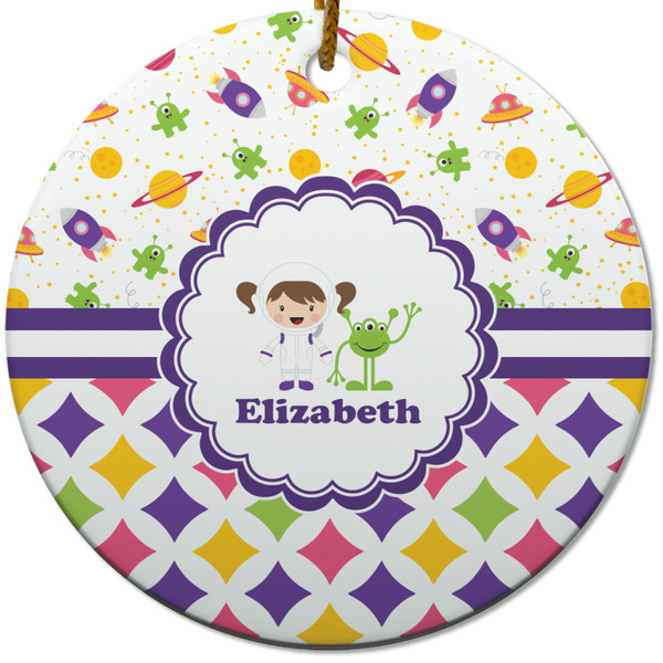 Custom Girl's Space & Geometric Print Round Ceramic Ornament w/ Name or Text