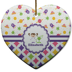 Girl's Space & Geometric Print Heart Ceramic Ornament w/ Name or Text
