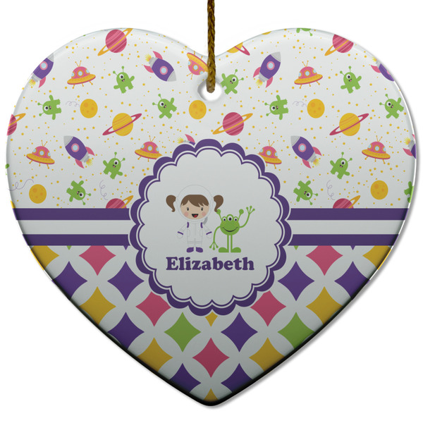 Custom Girl's Space & Geometric Print Heart Ceramic Ornament w/ Name or Text