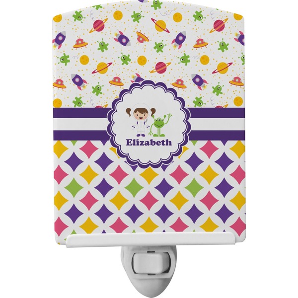 Custom Girl's Space & Geometric Print Ceramic Night Light (Personalized)