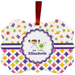 Girl's Space & Geometric Print Metal Frame Ornament - Double Sided w/ Name or Text