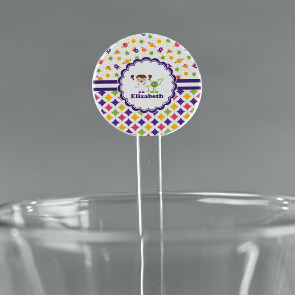 Custom Girl's Space & Geometric Print 7" Round Plastic Stir Sticks - Clear (Personalized)