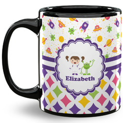 Girl's Space & Geometric Print 11 Oz Coffee Mug - Black (Personalized)