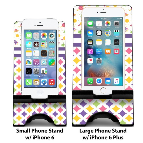 Girl's Space & Geometric Print Compare Phone Stand Sizes - with iPhones