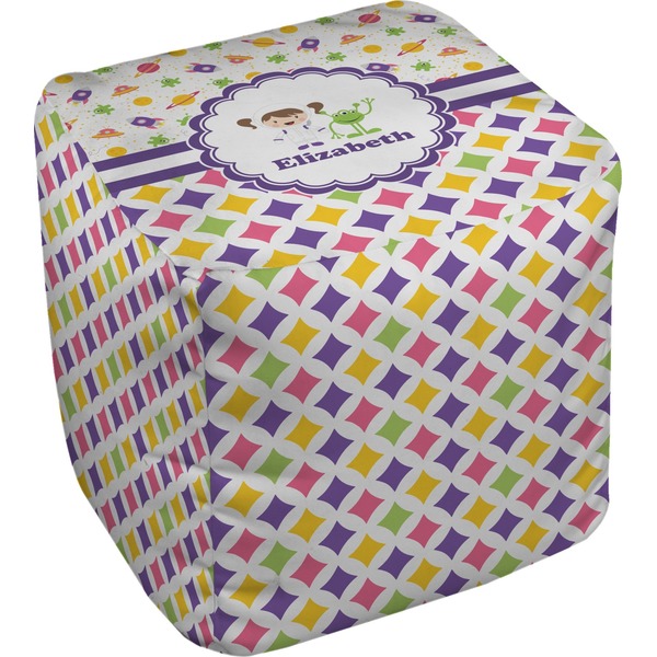 Custom Girl's Space & Geometric Print Cube Pouf Ottoman - 13" (Personalized)