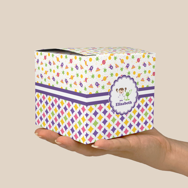 Girl's Space & Geometric Print Cube Favor Gift Box - On Hand - Scale View