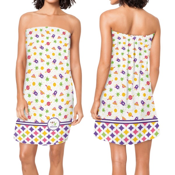 Girl's Space & Geometric Print Custom Bath Wrap - Front & Back View