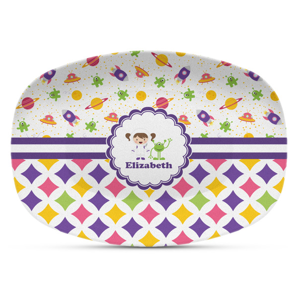 Custom Girl's Space & Geometric Print Plastic Platter - Microwave & Oven Safe Composite Polymer (Personalized)