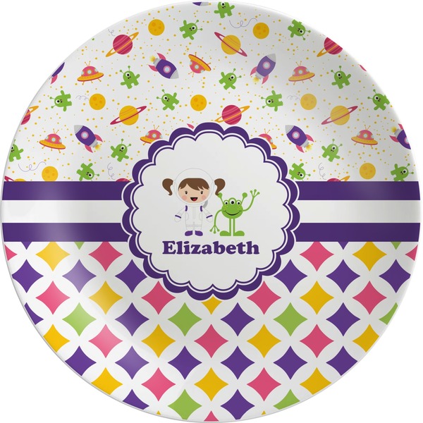 Custom Girl's Space & Geometric Print Melamine Plate (Personalized)