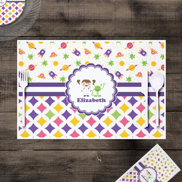 Girl's Space & Geometric Print Disposable Paper Placemat - In Context