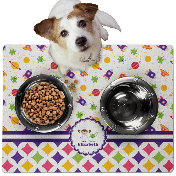Girl's Space & Geometric Print Dog Food Mat - Medium LIFESTYLE