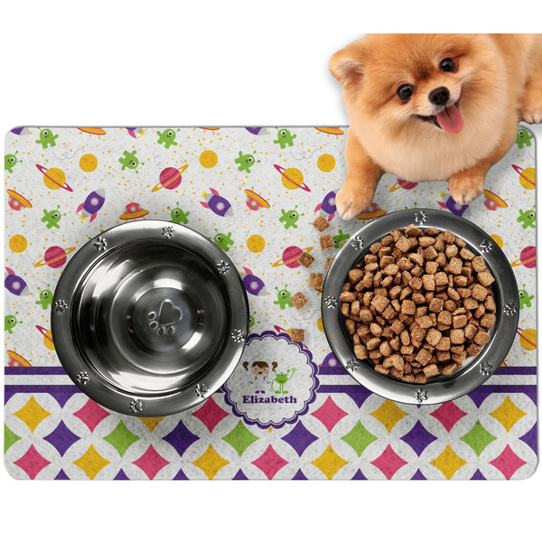 Custom Girl's Space & Geometric Print Dog Food Mat - Small w/ Name or Text