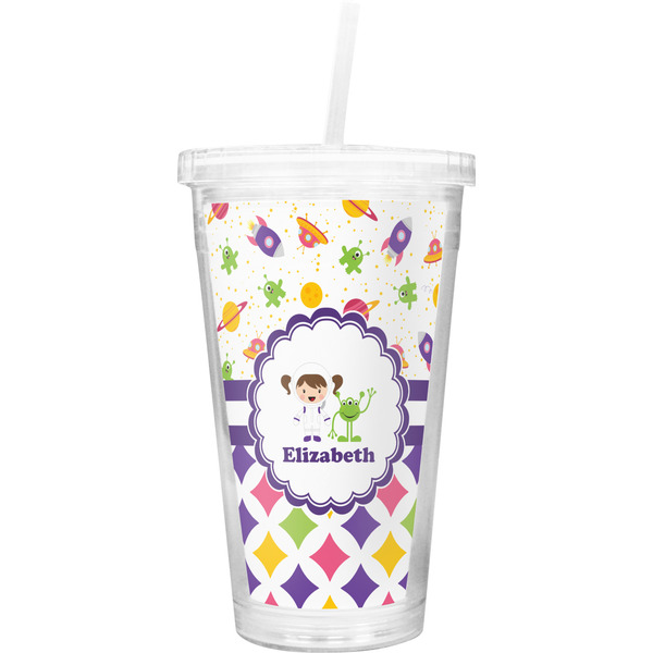 Custom Girl's Space & Geometric Print Double Wall Tumbler with Straw (Personalized)