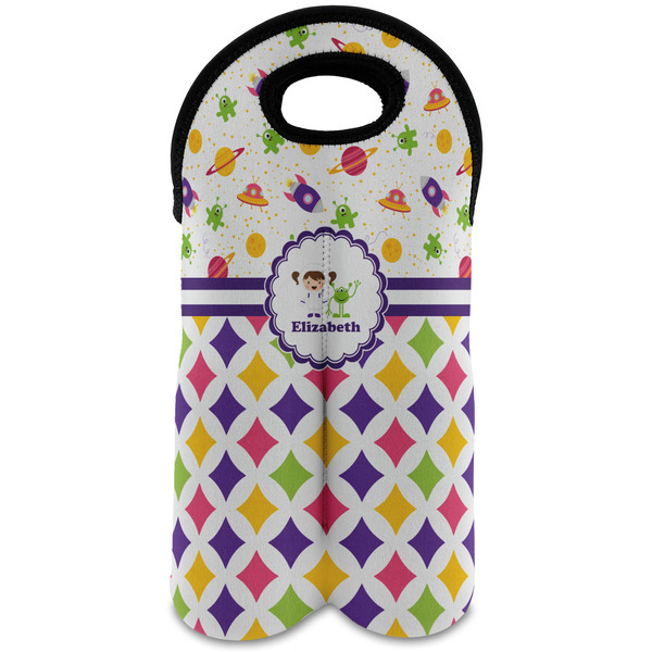 Custom Girl's Space & Geometric Print Wine Tote Bag (2 Bottles) (Personalized)