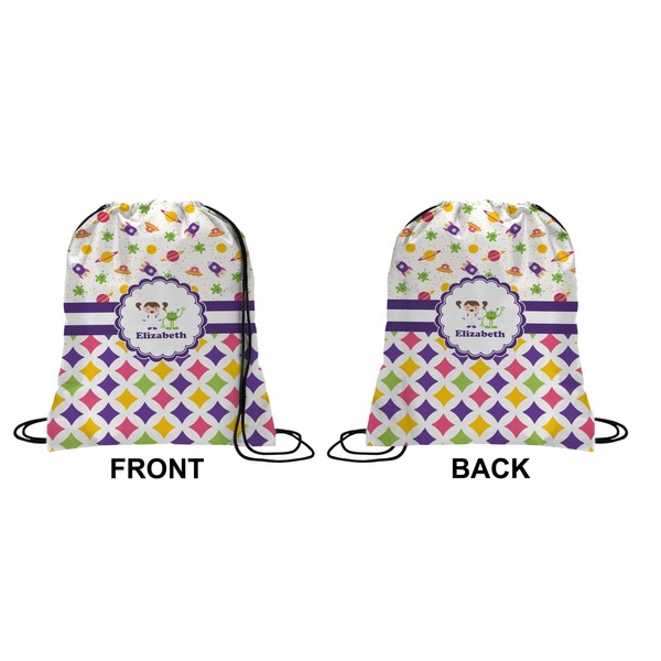 Girl's Space & Geometric Print Drawstring Backpack Front & Back Small