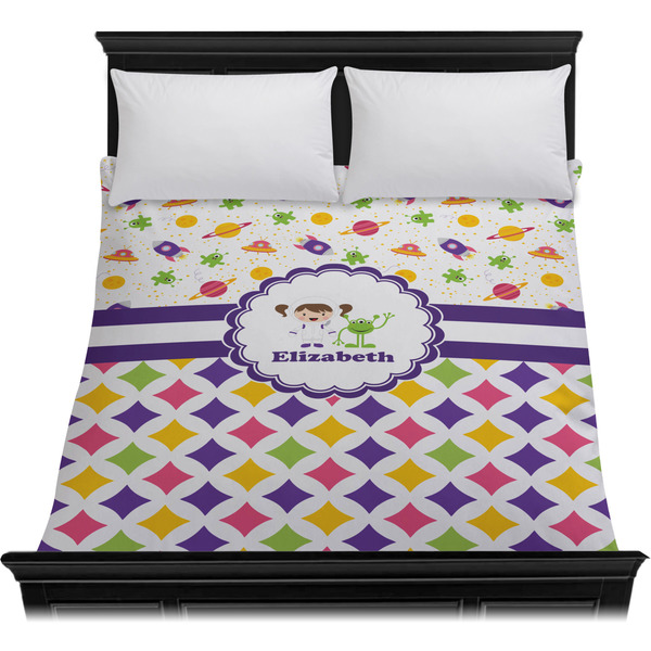Girl's Space & Geometric Print Duvet Cover - Queen - On Bed - No Prop