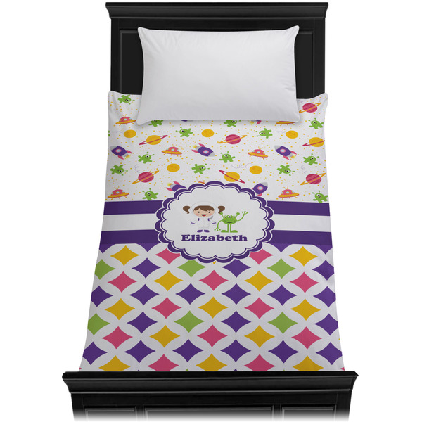 Girl's Space & Geometric Print Duvet Cover - Twin XL - On Bed - No Prop