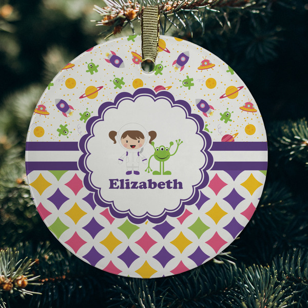 Girl's Space & Geometric Print Frosted Glass Ornament - Round (Lifestyle)