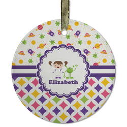 Girl's Space & Geometric Print Flat Glass Ornament - Round w/ Name or Text