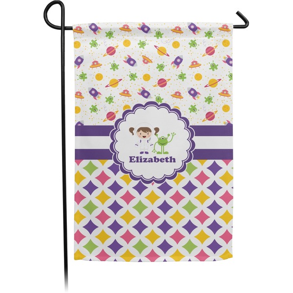 Custom Girl's Space & Geometric Print Small Garden Flag - Double Sided w/ Name or Text