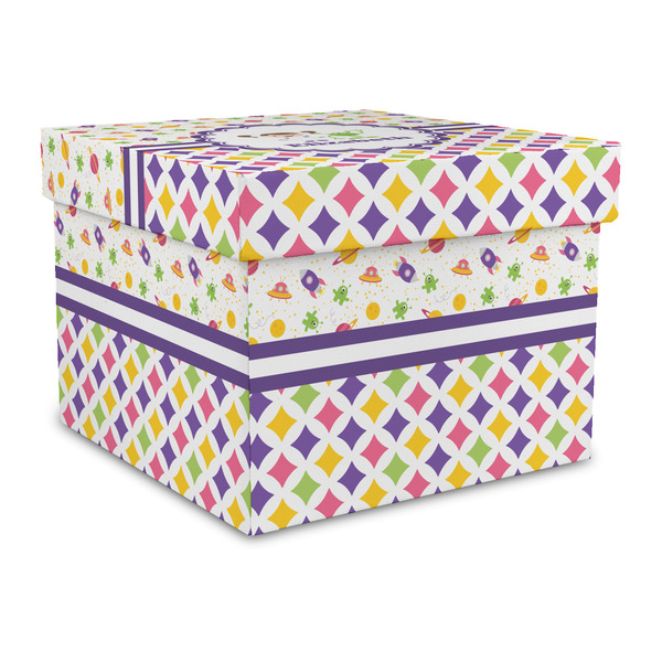Custom Girl's Space & Geometric Print Gift Box with Lid - Canvas Wrapped - Large (Personalized)