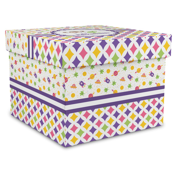 Custom Girl's Space & Geometric Print Gift Box with Lid - Canvas Wrapped - X-Large (Personalized)