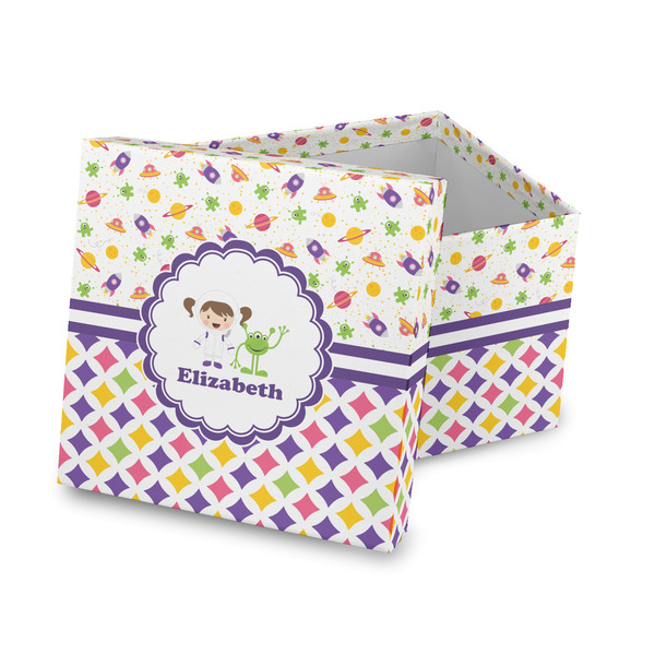 Custom Girl's Space & Geometric Print Gift Box with Lid - Canvas Wrapped (Personalized)