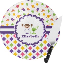 Girl's Space & Geometric Print Round Glass Cutting Board (Personalized)