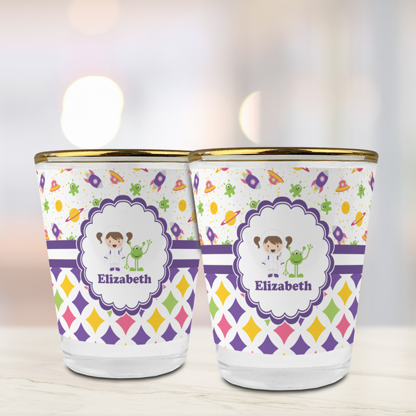 Girl's Space & Geometric Print Glass Shot Glass - with gold rim - LIFESTYLE