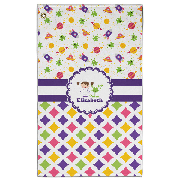 Custom Girl's Space & Geometric Print Golf Towel - Poly-Cotton Blend - Large w/ Name or Text