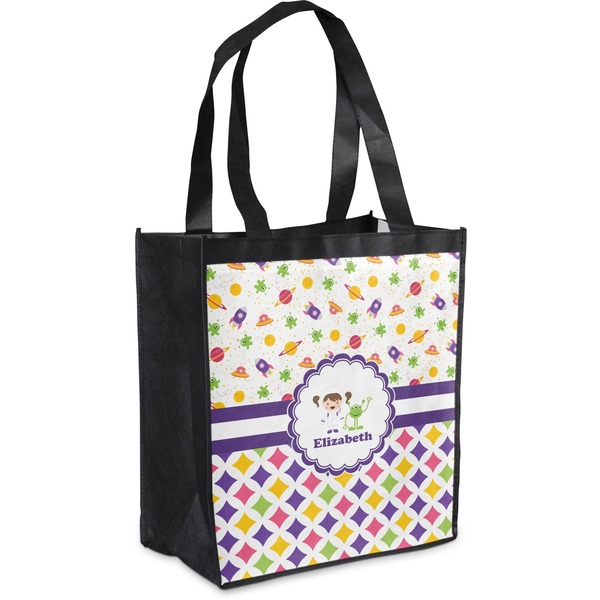 Custom Girl's Space & Geometric Print Grocery Bag (Personalized)