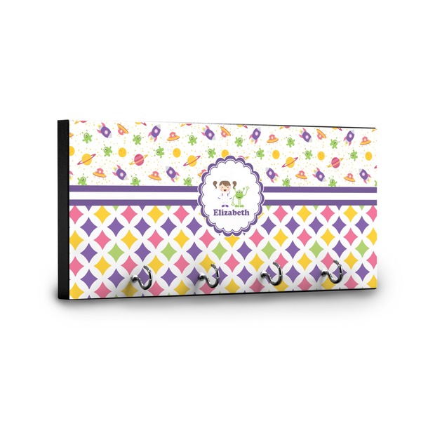 Girl's Space & Geometric Print Key Hanger - Front View with Hooks