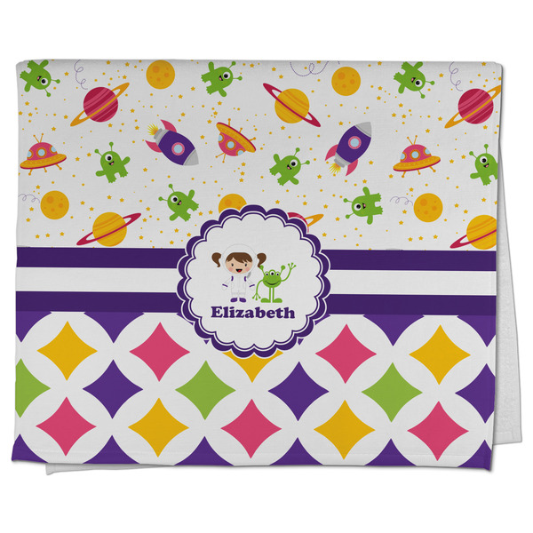 Custom Girl's Space & Geometric Print Kitchen Towel - Poly Cotton w/ Name or Text