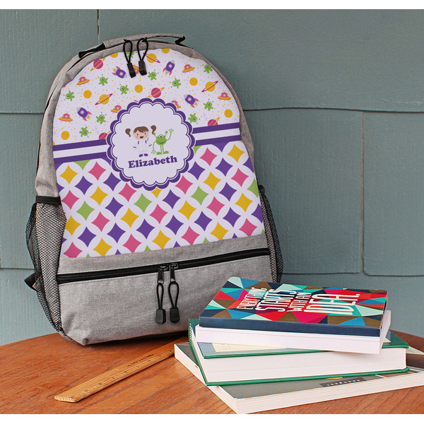 Girl's Space & Geometric Print Large Backpack - Gray - On Desk