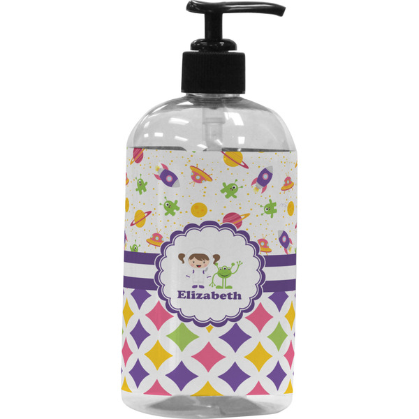 Custom Girl's Space & Geometric Print Plastic Soap / Lotion Dispenser (16 oz - Large - Black) (Personalized)