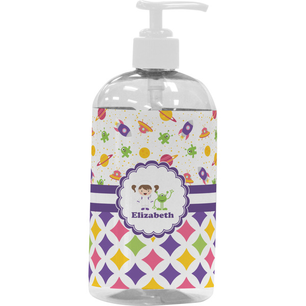 Custom Girl's Space & Geometric Print Plastic Soap / Lotion Dispenser (16 oz - Large - White) (Personalized)