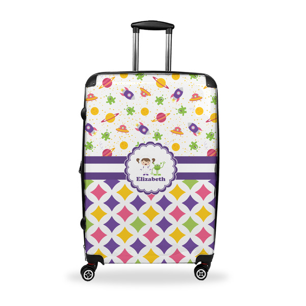 Custom Girl's Space & Geometric Print Suitcase - 28" Large - Checked w/ Name or Text