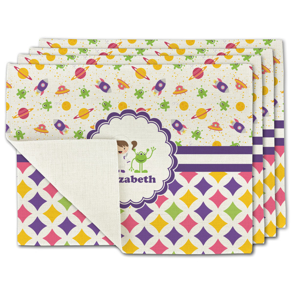 Custom Girl's Space & Geometric Print Single-Sided Linen Placemat - Set of 4 w/ Name or Text