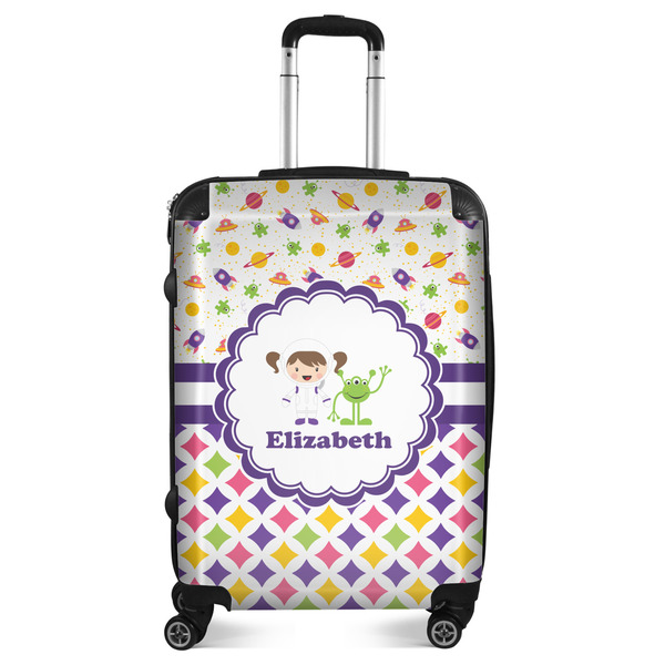 Custom Girl's Space & Geometric Print Suitcase - 24" Medium - Checked (Personalized)