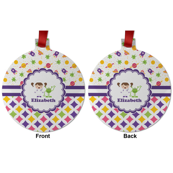 Girl's Space & Geometric Print Metal Ball Ornament - Front and Back
