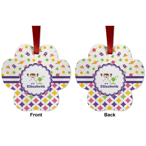 Girl's Space & Geometric Print Metal Paw Ornament - Front and Back