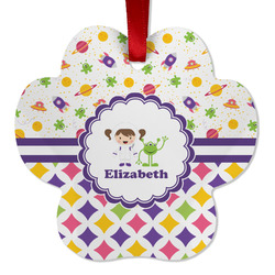 Girl's Space & Geometric Print Metal Paw Ornament - Double Sided w/ Name or Text