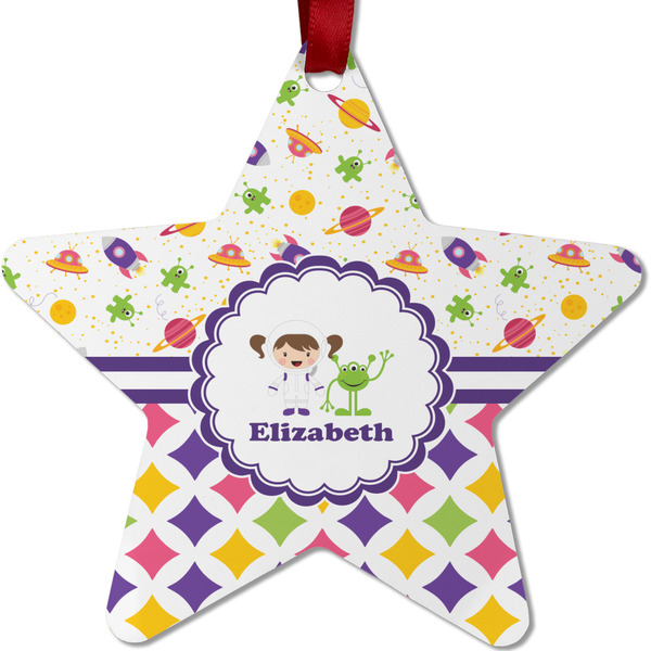 Custom Girl's Space & Geometric Print Metal Star Ornament - Double Sided w/ Name or Text