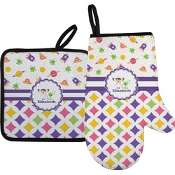 Girl's Space & Geometric Print Right Oven Mitt & Pot Holder Set w/ Name or Text