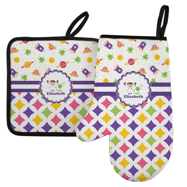 Custom Girl's Space & Geometric Print Left Oven Mitt & Pot Holder Set w/ Name or Text
