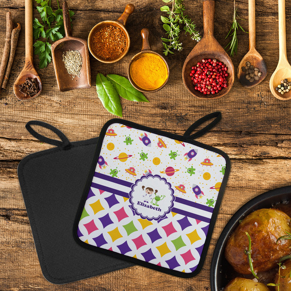 Girl's Space & Geometric Print Neoprene Pot Holder - Set of 2  LIFESTYLE (Flatlay)