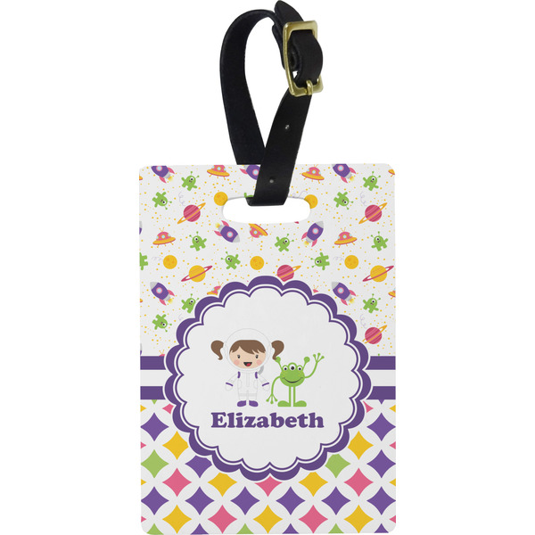 Custom Girl's Space & Geometric Print Plastic Luggage Tag - Rectangular w/ Name or Text