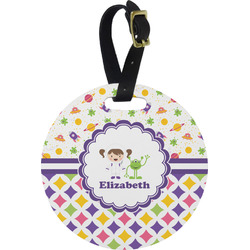 Girl's Space & Geometric Print Plastic Luggage Tag - Round (Personalized)